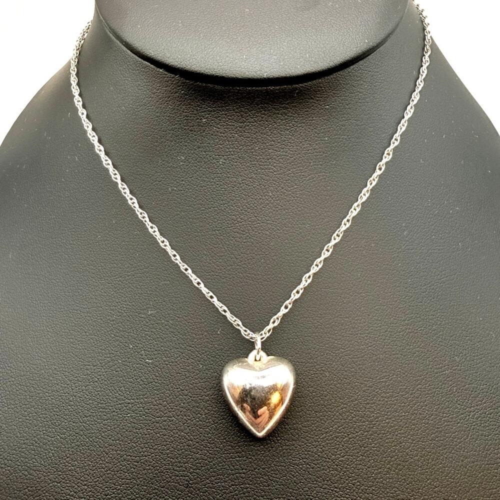 Vintage 925 Sterling silver Puffy Heart Pendant Necklace Rolo chain 24" Long
